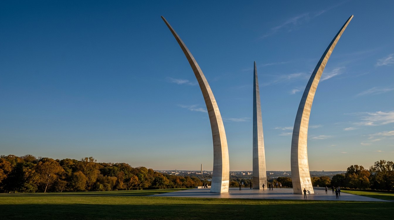 Las tres agujas de acero inoxidable del Memorial de la Fuerza Aérea de los Estados Unidos contra un cielo despejado al atardecer, con el perfil de Washington a lo lejos, bajo en el horizonte