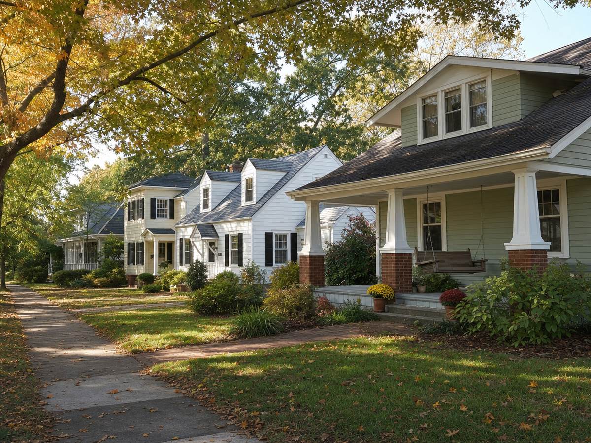 A row of early 1900s houses in Lyon Park, with a sage-green Craftsman bungalow and its front porch in the foreground and fall trees overhead.