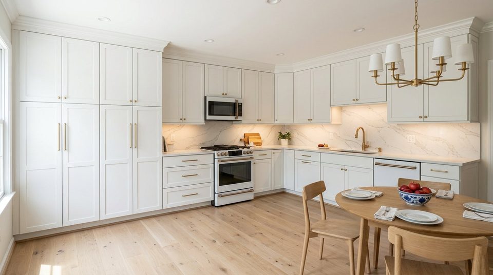A white Shaker kitchen with brass pulls, a brass chandelier, marble-look quartz counters and backsplash, a white range and a round oak table on light hardwood floors