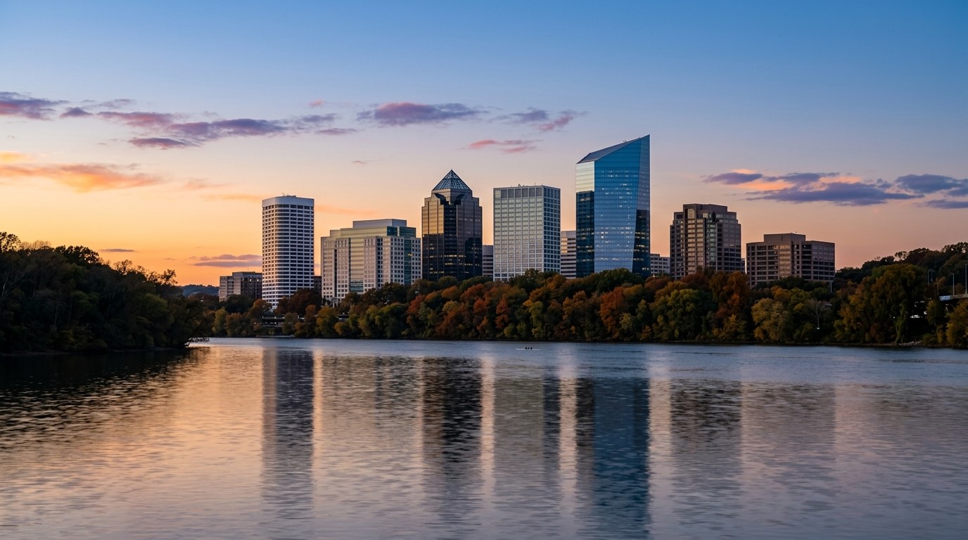 Las torres de vidrio de Rosslyn iluminadas al atardecer sobre árboles con colores de otoño, reflejadas en las aguas tranquilas del río Potomac.
