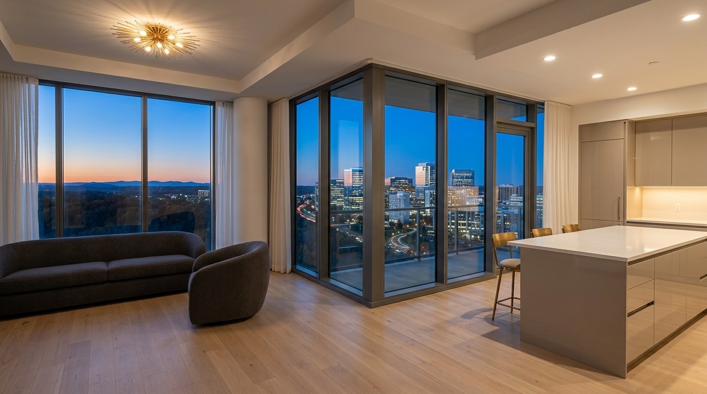 Una sala en esquina con pisos de roble y ventanales de piso a techo con vista al horizonte iluminado de Tysons a la hora azul.