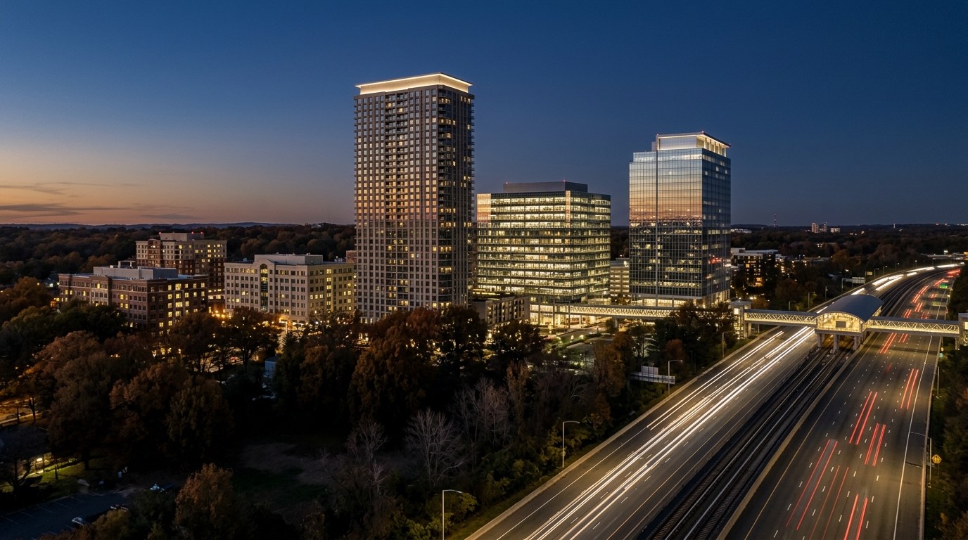 Las torres de Reston Town Center iluminadas a la hora azul sobre la Dulles Toll Road, con estelas de luz del tráfico.