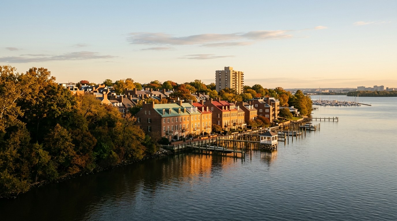Casas adosadas de ladrillo con muelles privados sobre el Potomac en Old Town Alexandria, iluminadas por la luz dorada entre árboles de otoño.