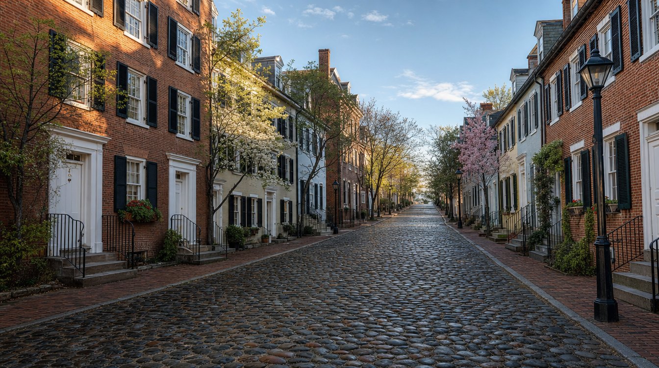 Captain's Row en Old Town Alexandria en una mañana de primavera: una calle empedrada entre casas adosadas de ladrillo de estilo federal con contraventanas negras, barandas de hierro en las entradas y árboles con flores blancas y rosadas