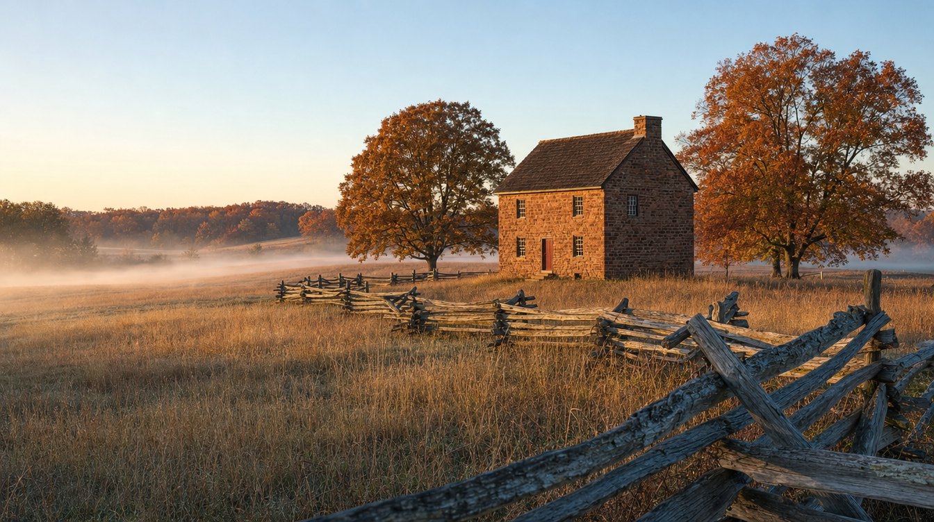 La Stone House en Manassas National Battlefield en una mañana de octubre: una casa de dos pisos de arenisca roja entre robles anaranjados, con neblina en los campos y una cerca de troncos al frente
