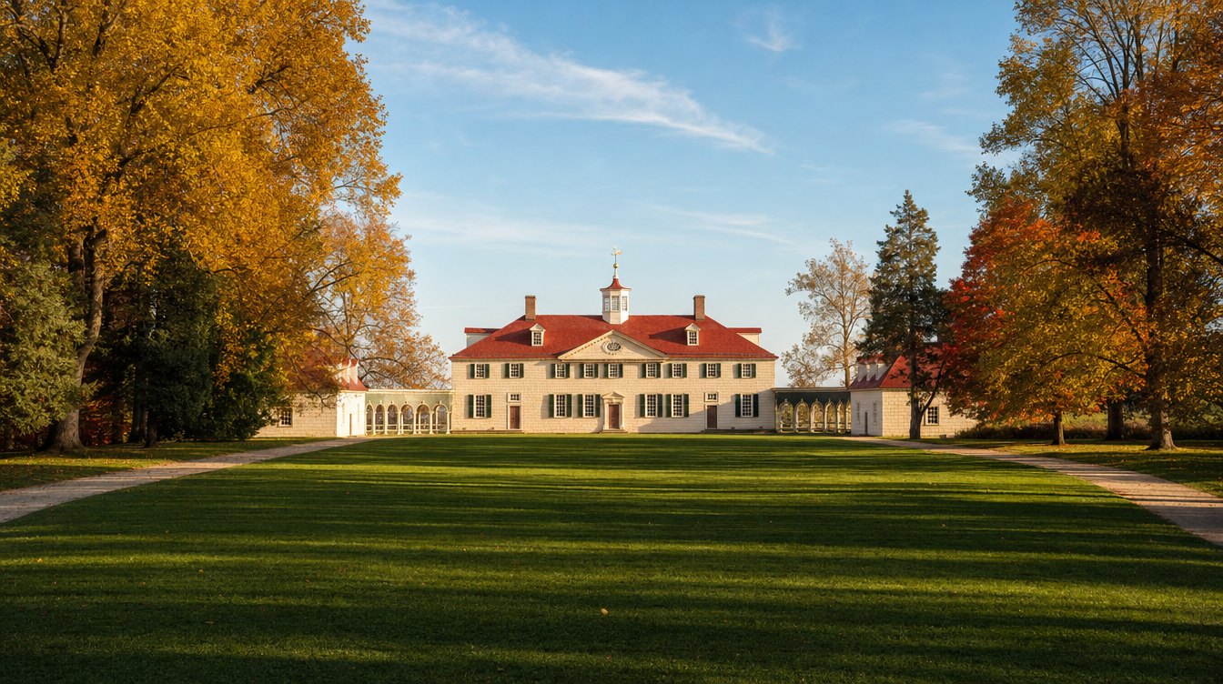 La fachada oeste de Mount Vernon, la casa de George Washington, en octubre: la mansión color crema con techo rojo y cúpula blanca al otro lado del largo jardín de césped, entre árboles dorados y anaranjados
