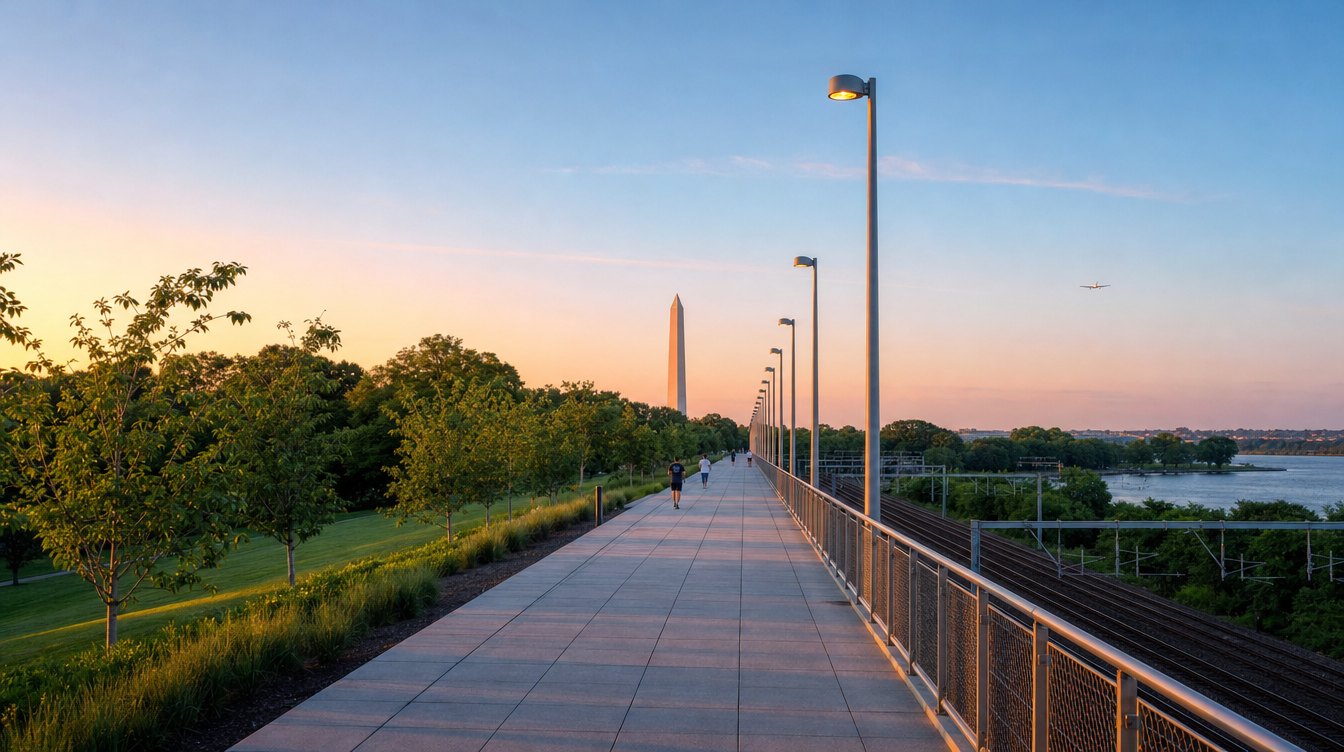 El paseo elevado de Long Bridge Park en Arlington al atardecer: adoquines gris claro, una baranda de acero y altos postes de luz que corren hacia el norte junto a las vías del tren, con el Monumento a Washington al fondo bajo un cielo durazno y azul