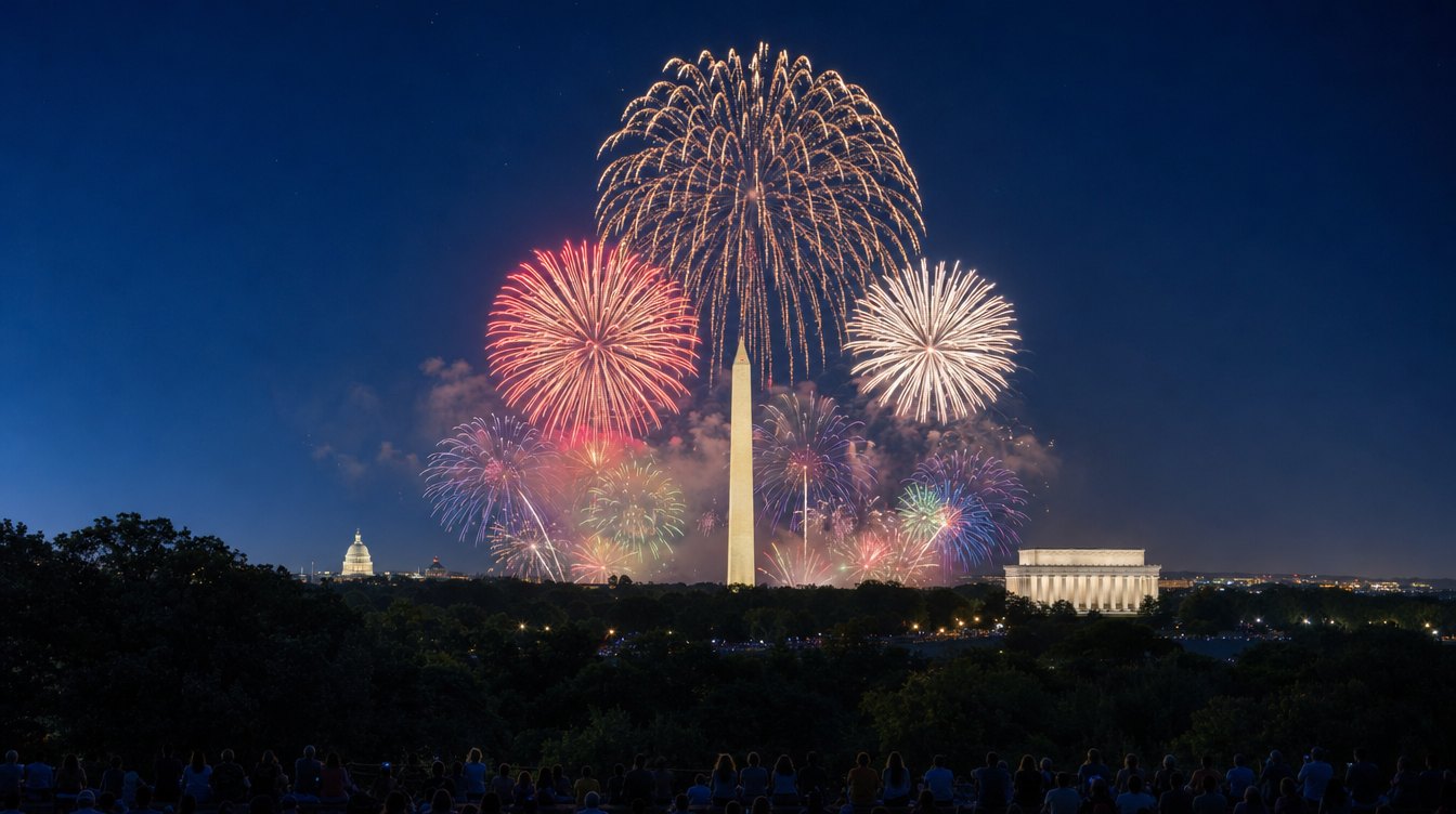 Fuegos artificiales del Cuatro de Julio sobre el National Mall vistos desde Arlington Ridge: estallidos rojos, dorados y blancos alrededor del Monumento a Washington, con la cúpula del Capitolio a la izquierda, el Lincoln Memorial a la derecha y abajo una línea oscura de árboles y espectadores