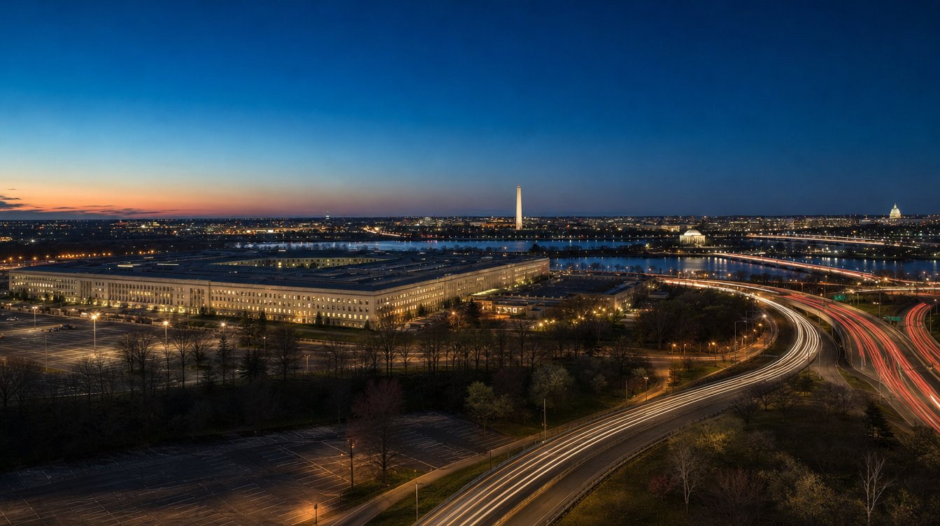 El Pentágono a la hora azul visto desde una torre de Pentagon City en Arlington: el edificio largo, bajo e iluminado, con estelas de luz de la autopista que pasan a su lado, y el Monumento a Washington, el Jefferson Memorial y la cúpula del Capitolio al otro lado del río