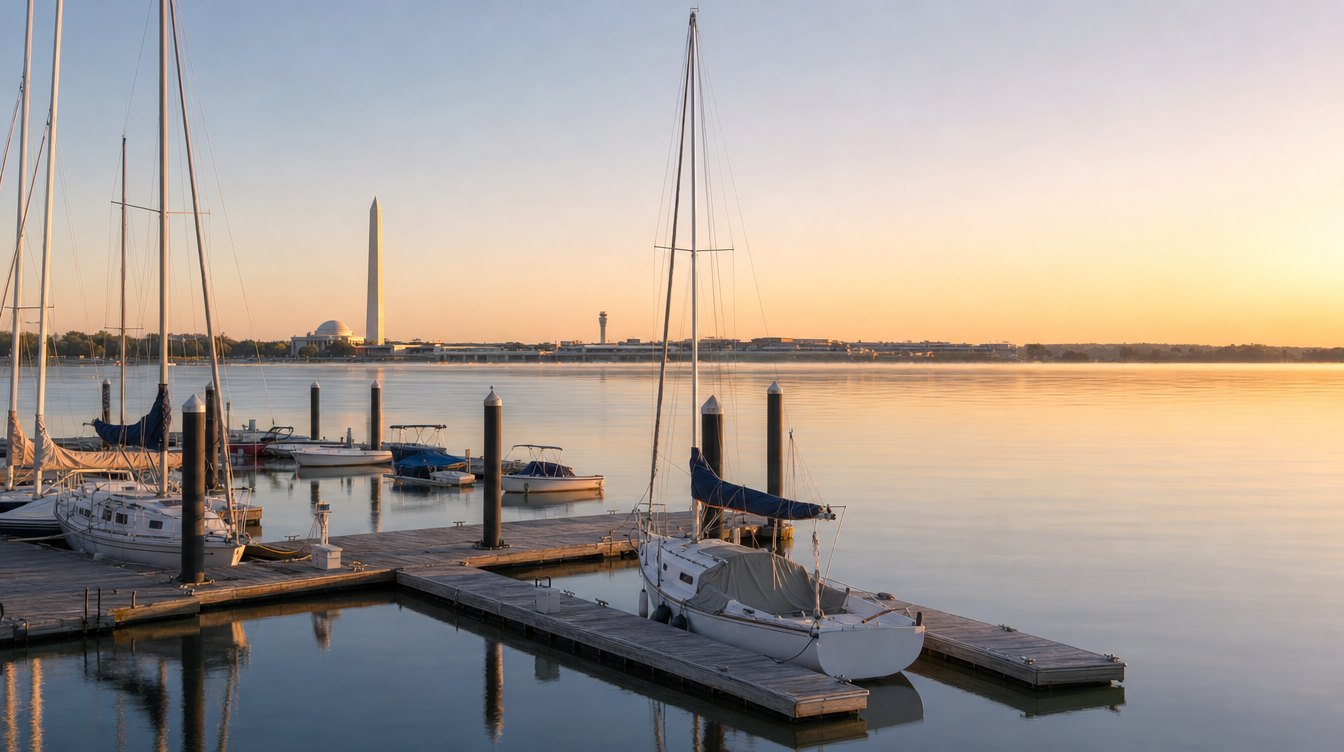 Washington Sailing Marina en Daingerfield Island, Alexandria, al amanecer: veleros en los muelles flotantes sobre el agua como un espejo, con el Monumento a Washington, la cúpula del Jefferson Memorial y la torre de Reagan National en la otra orilla