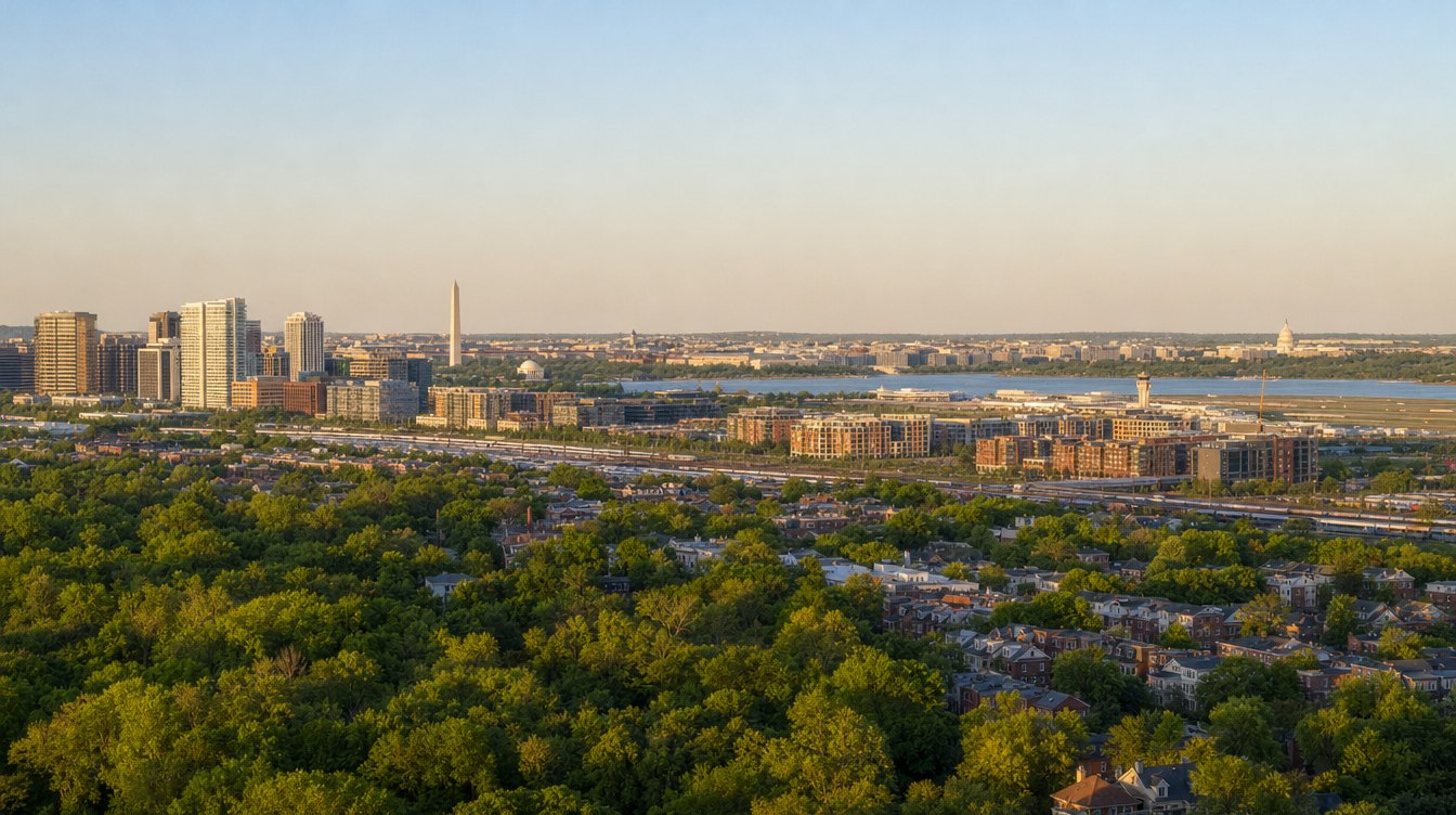 Alexandria desde la terraza del Masonic Memorial en una tarde de primavera: copas de árboles verdes y tejados abajo, las torres de Crystal City a la izquierda y el Monumento a Washington y la cúpula del Capitolio en el horizonte lejano