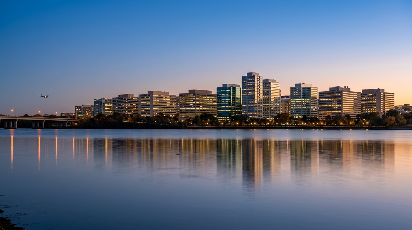 El horizonte de Crystal City en Arlington a la hora azul, visto desde el otro lado del tranquilo río Potomac: una larga fila de torres de oficinas color crema y de vidrio con las ventanas iluminadas, una hilera de árboles y las luces de la avenida a lo largo de la orilla, un puente a la izquierda y un avión de pasajeros que se acerca a Reagan National
