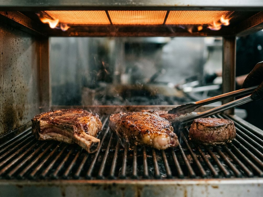Under the broiler: steakhouses sear from above with fierce heat, and DC Prime&rsquo;s runs at 1,100&deg;F