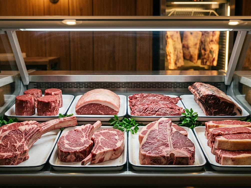 A butcher case with the cuts in rows: ribeye, strip, filet, porterhouse and tomahawk, with whole loins dry-aging behind