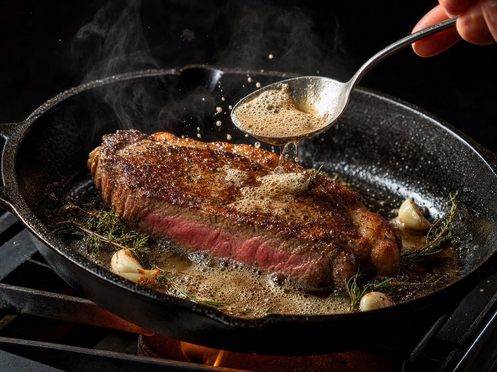 A New York strip basted with brown butter, garlic and thyme in cast iron