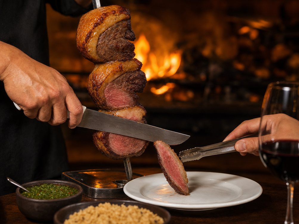 Picanha shaved off the skewer at a Brazilian churrascaria