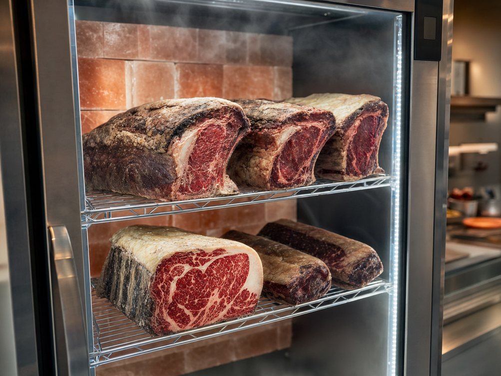 Whole rib and strip loins dry-aging behind glass, with a wall of salt blocks