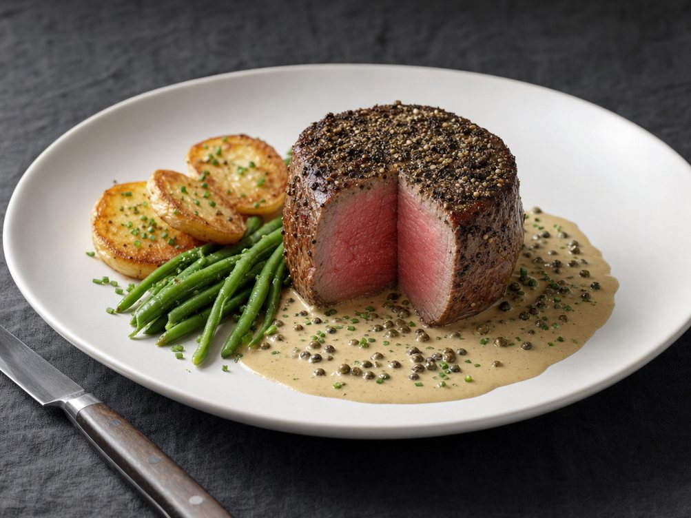 Filet mignon in a peppercorn cream sauce, cut to show medium-rare