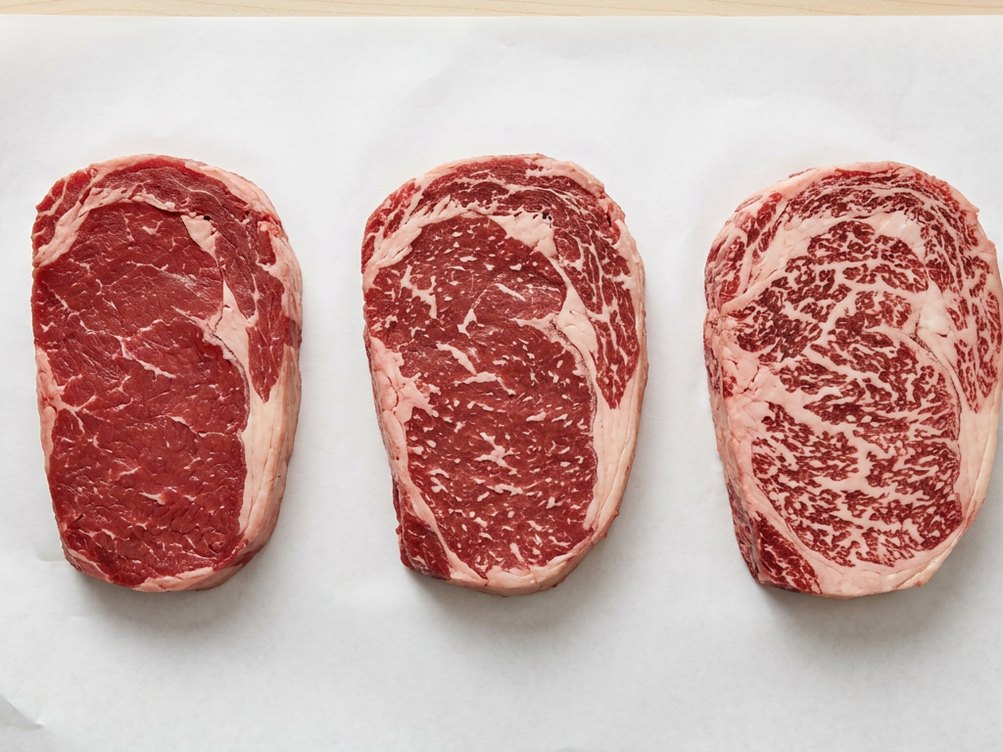 Select, Choice and Prime side by side: the more white flecks, the higher the grade