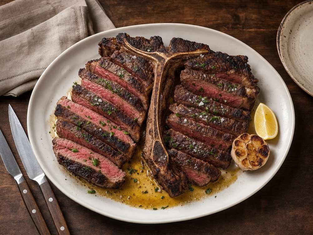 A dry-aged porterhouse for two, carved off the bone and set back in place