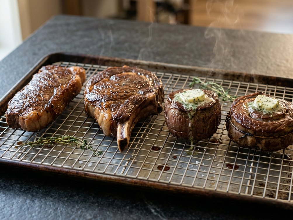 Then a rest on a rack: a steak keeps cooking for a few minutes after it leaves the heat