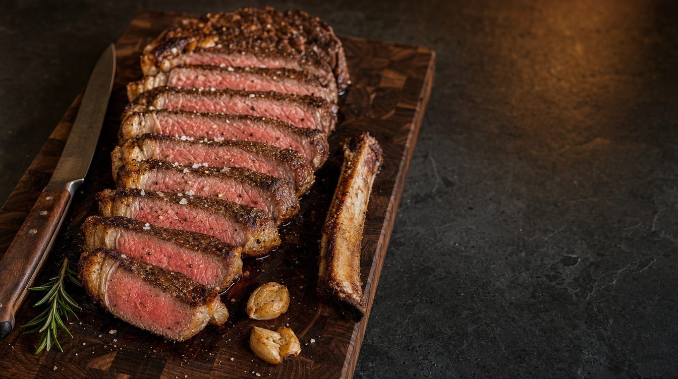 A sliced dry-aged ribeye on an end-grain board with rosemary, roasted garlic and a steak knife