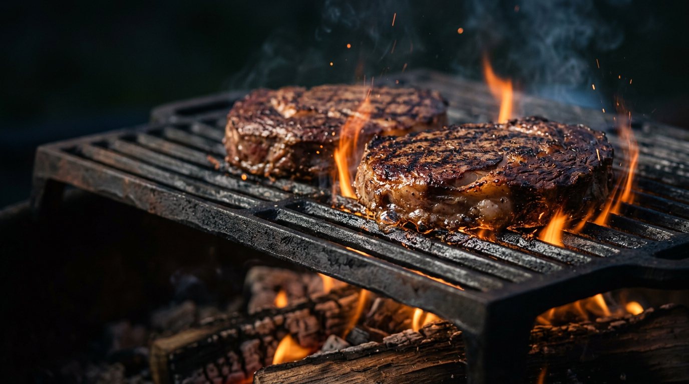 Two thick ribeyes searing on a cast-iron grate over a wood fire, flames licking the edges