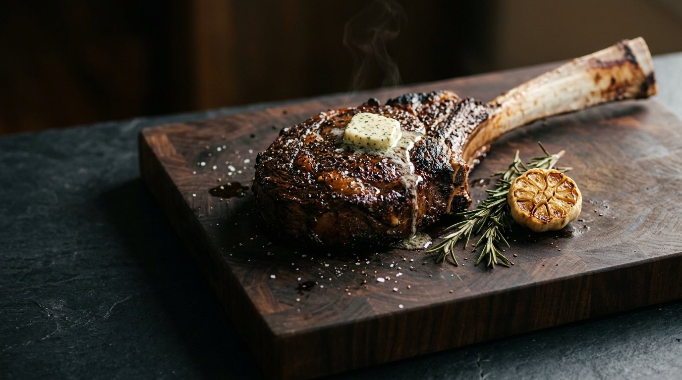 A seared tomahawk ribeye with herb butter, roasted garlic and rosemary resting on a dark wood board