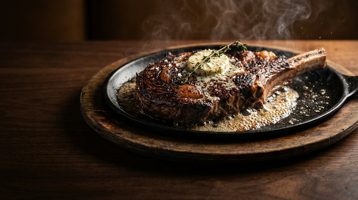 A bone-in cowboy ribeye with herb butter sizzling on a cast-iron plate set in a wooden base