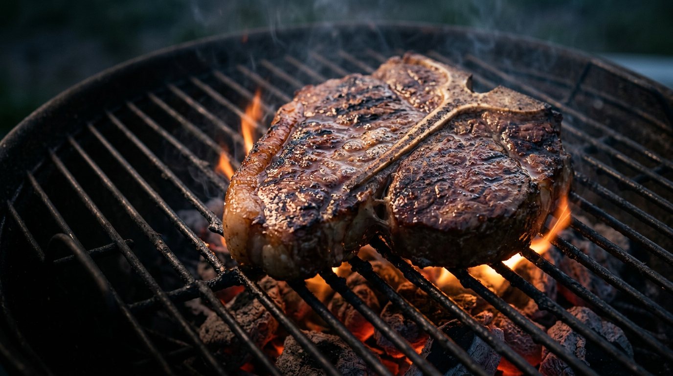 A thick porterhouse searing on a round charcoal grill with flames under the grate