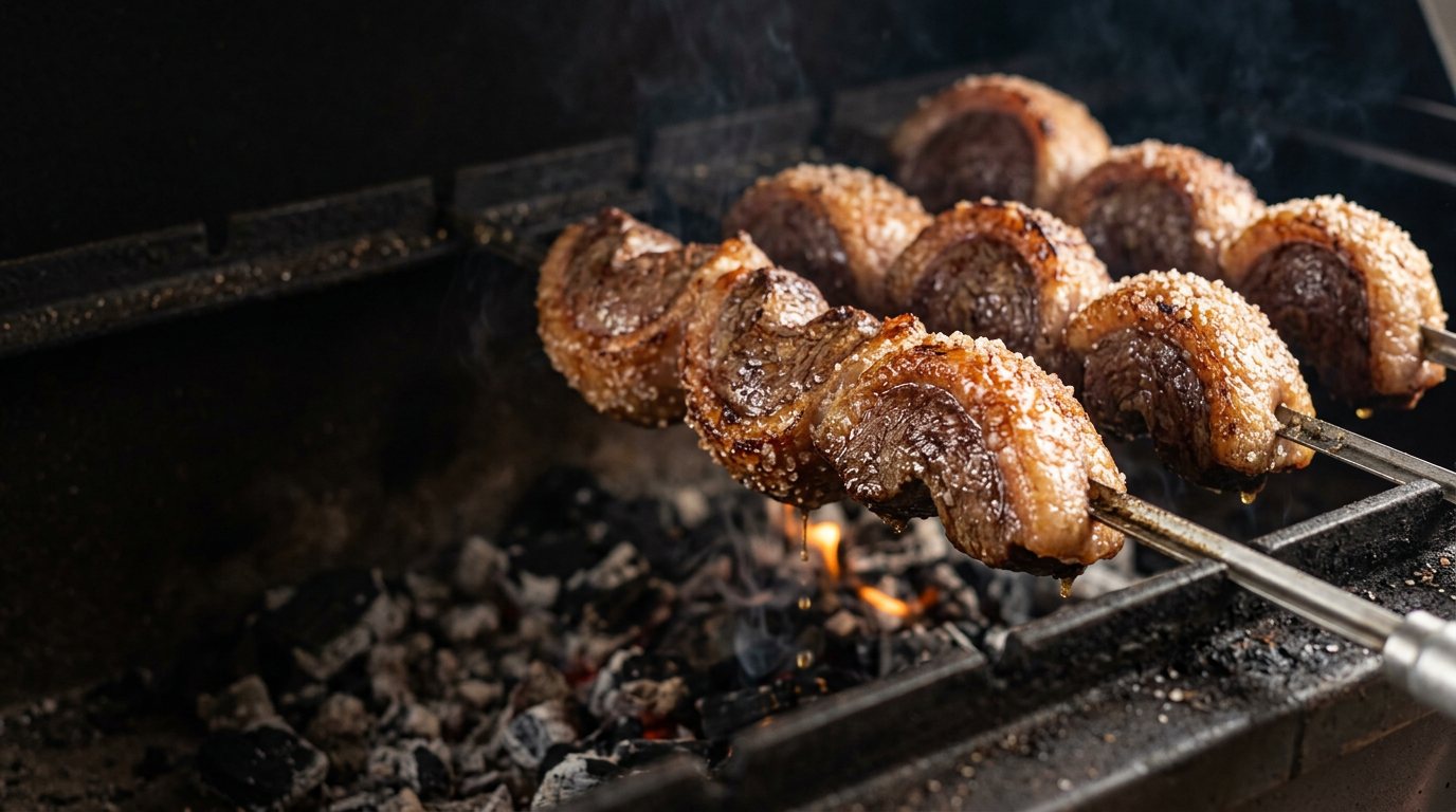 Salt-crusted picanha folded onto long skewers over glowing coals, churrascaria style