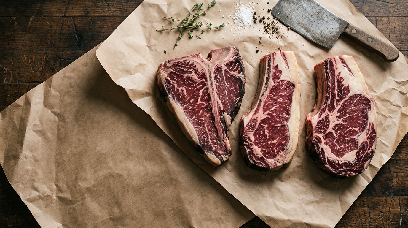 A raw porterhouse, strip and ribeye on brown butcher paper with a cleaver and thyme