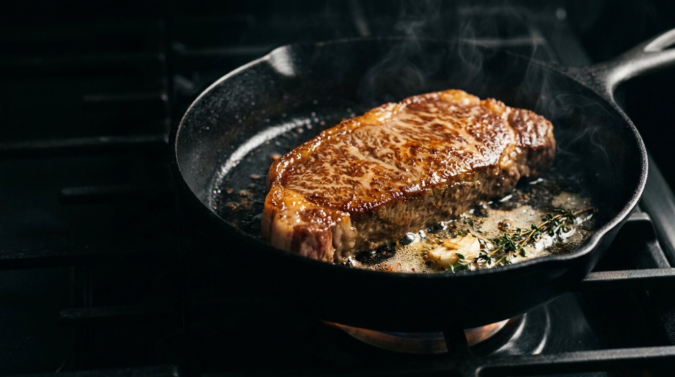 A heavily marbled Wagyu strip searing in a cast-iron pan with butter, garlic and thyme