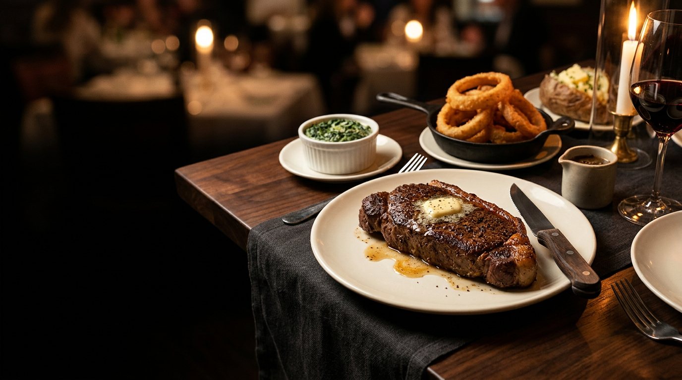 A New York strip with butter on a white plate beside onion rings, creamed spinach and a baked potato, by candlelight