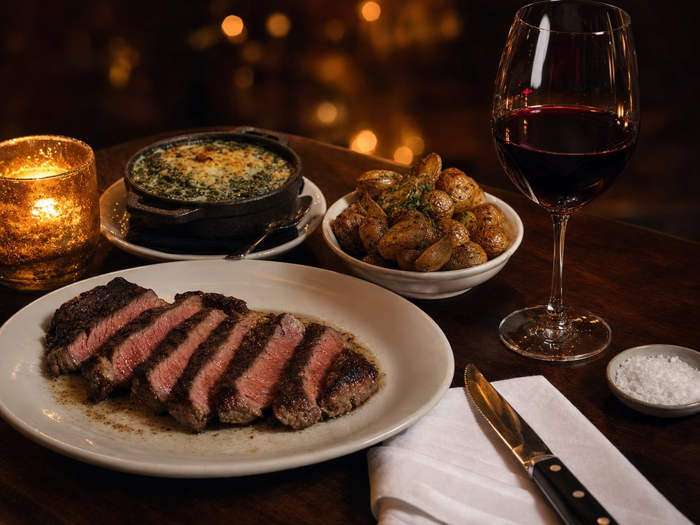 The steakhouse table: a sliced strip, creamed spinach, roasted potatoes and a glass of red