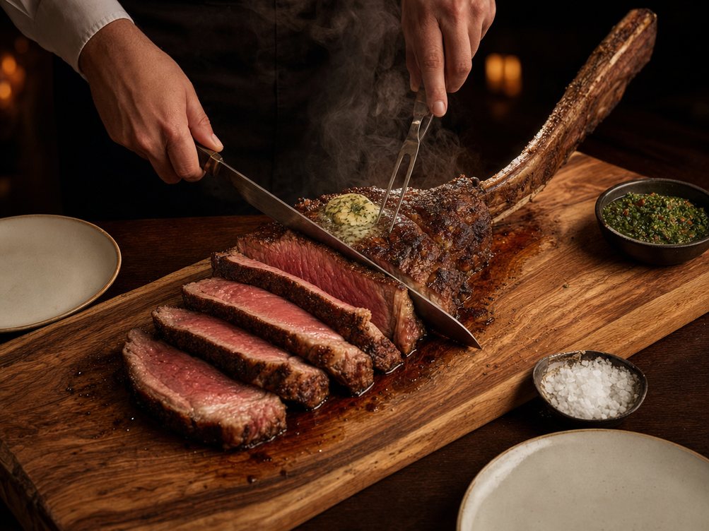 A tomahawk ribeye carved at the table, the long bone still on