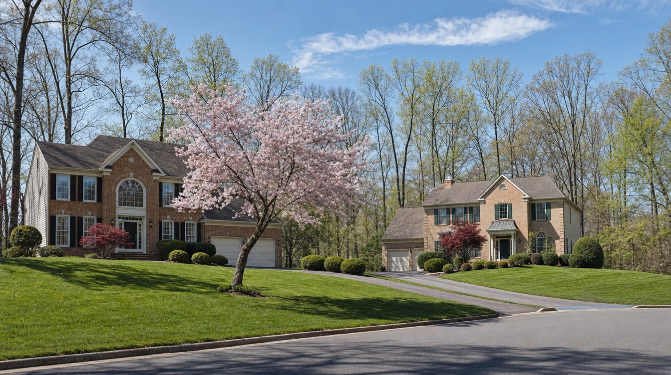 Brick-front colonials on Crosspointe Drive in Fairfax Station in early spring, a pink dogwood in bloom on the lawn