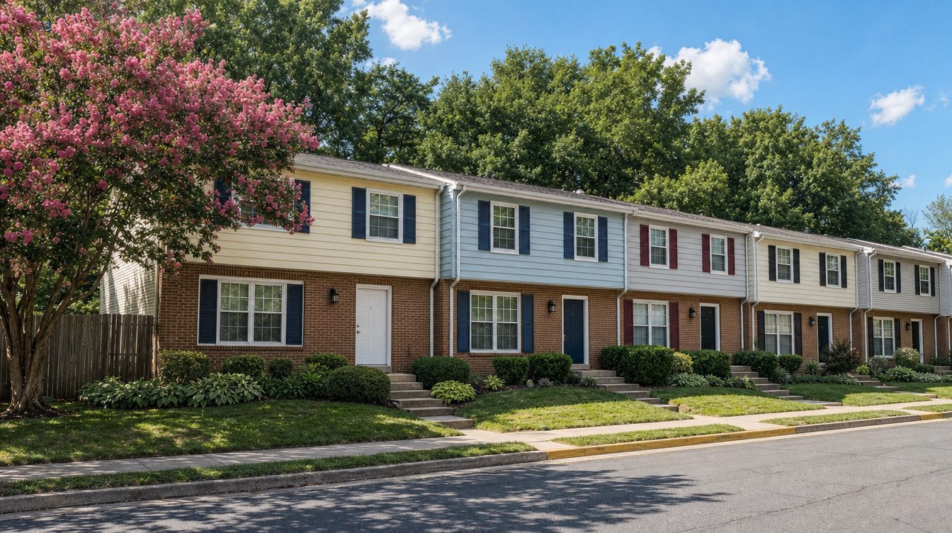 A row of brick-and-siding townhouses on Wind Fall Road in Springfield, a crape myrtle in bloom