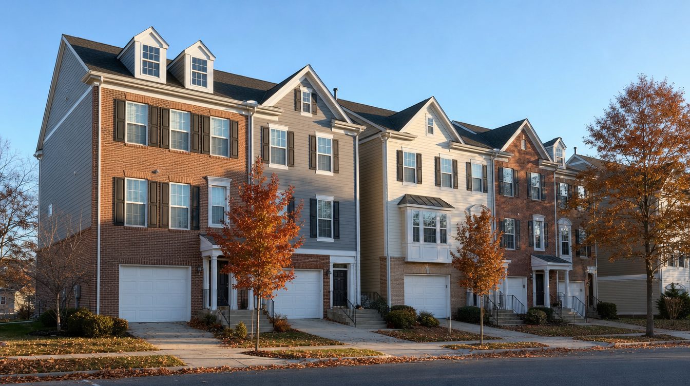Three-story brick and siding townhouses in Gainesville on a November morning, red and orange leaves on the trees