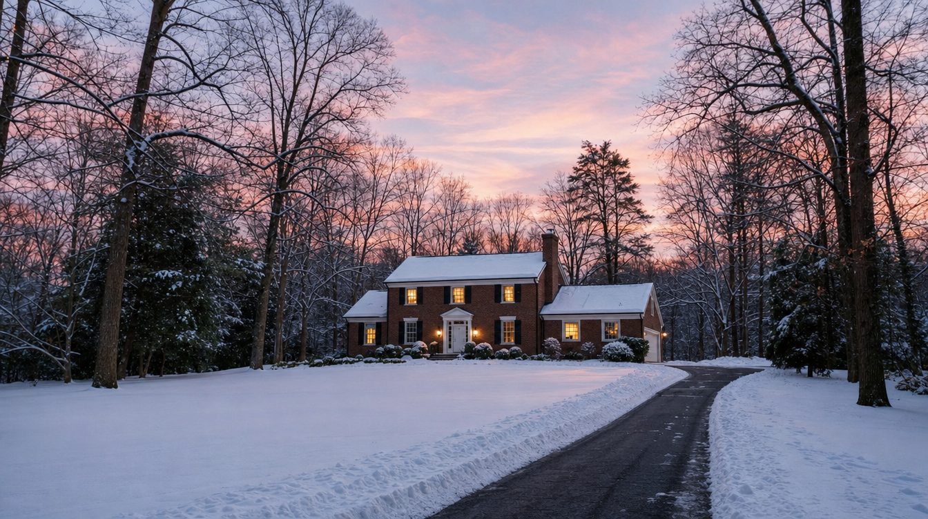 A brick colonial at the end of a long plowed driveway on Hampton Road in Fairfax Station after a snowfall, at dusk