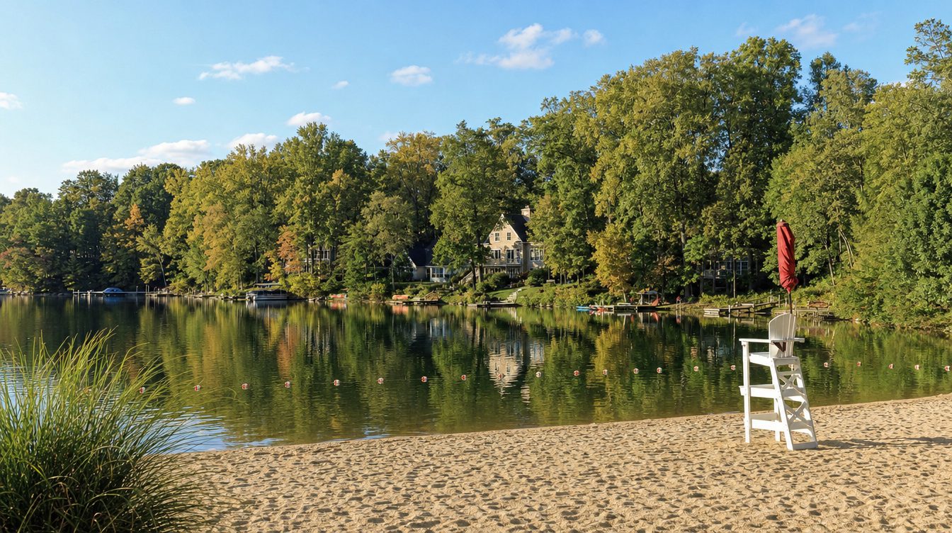 The beach and lifeguard chair on Lake Barcroft beside Annandale, with wooded shores and lakefront docks