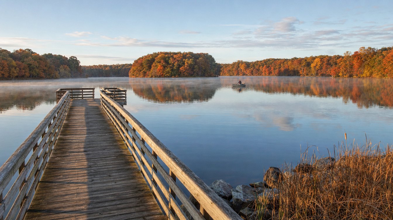 Burke Lake on a calm fall morning from the wooden fishing pier, with Vesper Island and orange and gold trees reflected in the water