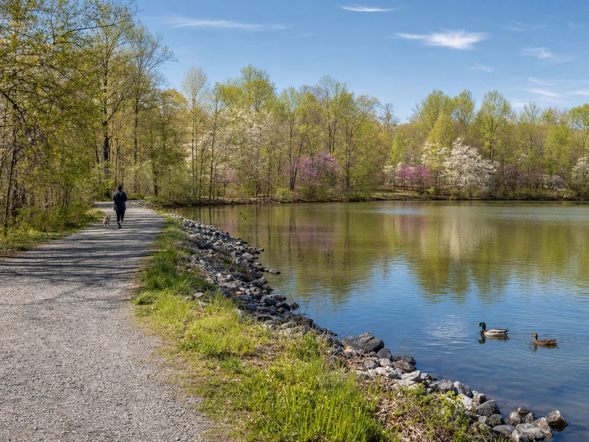 درب من الحصى على امتداد الشاطئ الصخري لرويال ليك في الربيع، مع أشجار ردبد وقرانيا على الضفة البعيدة وبط على الماء.