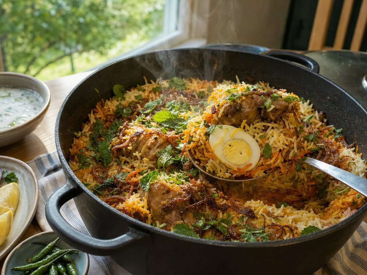 قِدر من برياني الدجاج بطبقات من الأرز والدجاج وبيضة مسلوقة، مع أوعية من الرايتا والبصل والليمون على طاولة.