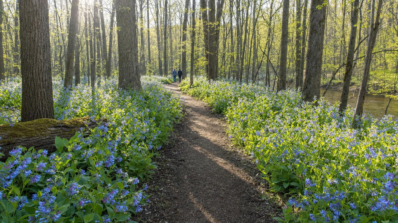 Virginia bluebells carpeting the forest floor along the Bluebell Trail at Bull Run Regional Park in Centreville