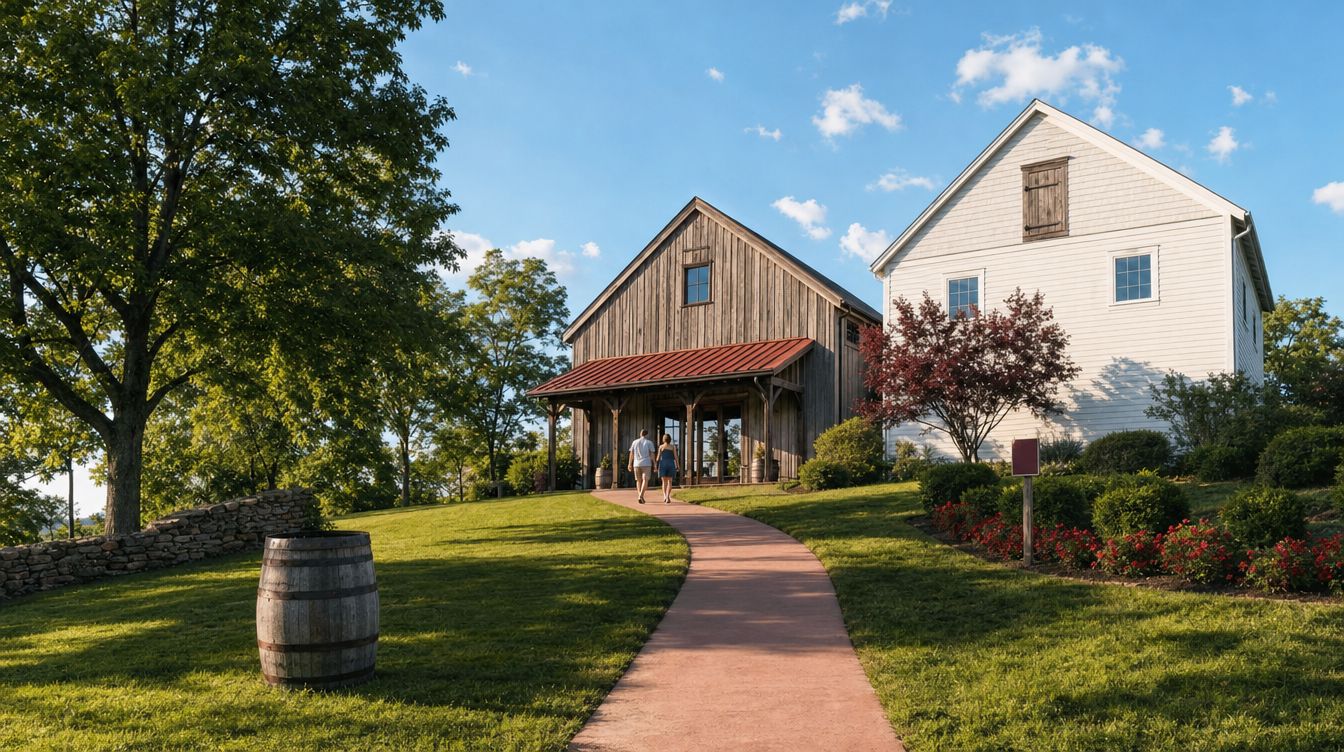 A curving salmon-pink walk leading up a green lawn to the weathered wooden barn and rust-red porch roof of The Winery at Bull Run, beside a taller white barn, with a wine barrel on the grass and two visitors walking in