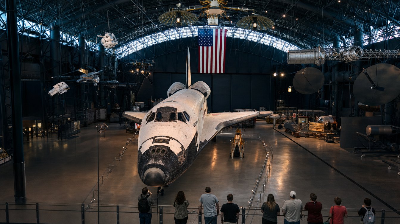 Space Shuttle Discovery under the American flag in the space hangar of the Smithsonian's Udvar-Hazy Center in Chantilly