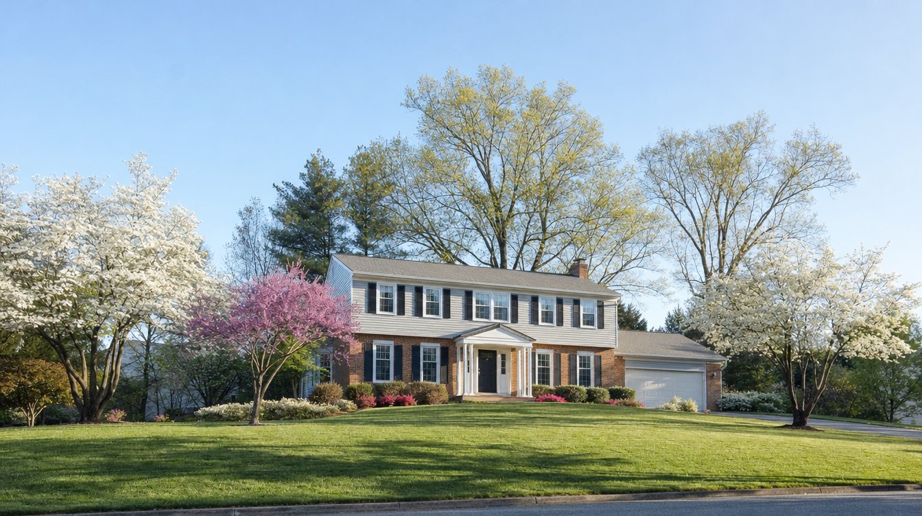 A two-story colonial with a brick lower front, pale siding above, black shutters, a white columned entry and an attached garage on a sloping lawn, framed by white dogwoods and a pink redbud in spring