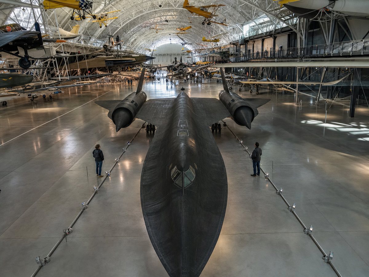طائرة SR-71 Blackbird السوداء تُرى من الأمام ومن الأعلى على أرضية حظيرة مصقولة، مع طائرات تاريخية معلّقة تحت السقف الفولاذي المقوّس لمركز أودفار-هازي.
