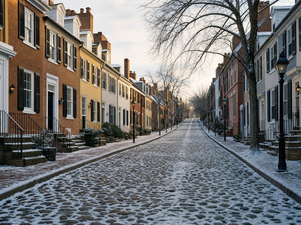 Snow-dusted cobblestone street lined with 18th-century brick and painted rowhouses with black shutters and iron stoop railings in Old Town Alexandria.